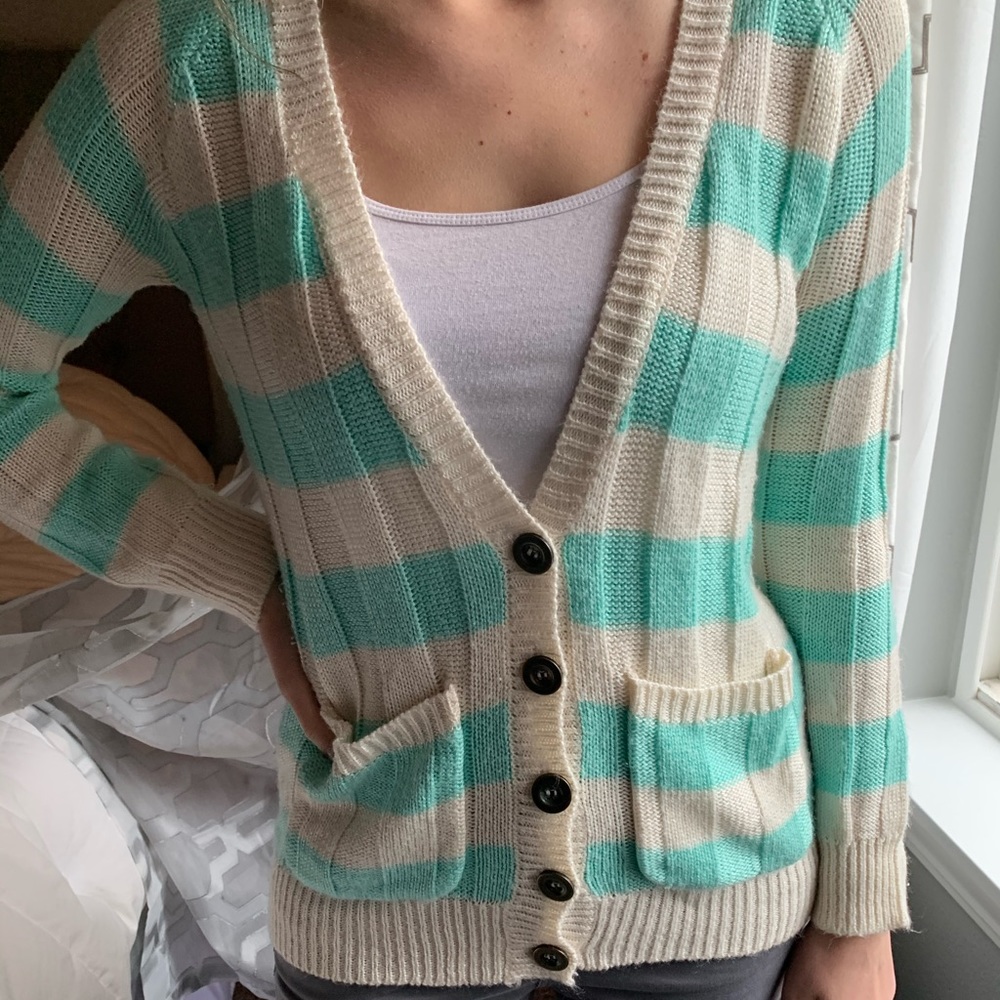 White and turquoise cardigan